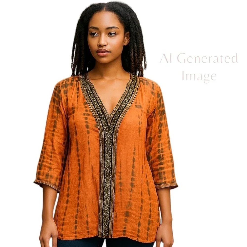 Michael Kors Switzerland Orange Brown Sheer Embellished V Neck Tunic Top Size S - Picture 1 of 16
